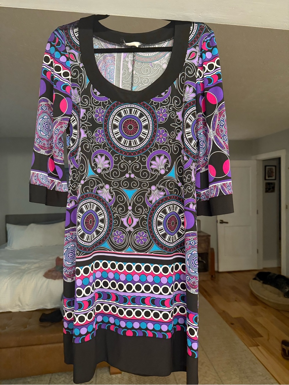 Tiana B. Black Scoop-Neck Dress with Purple, Pink & Blue Medallions